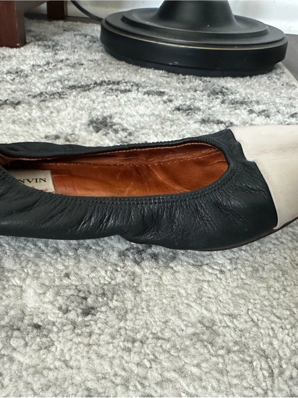 Lanvin Black Leather Flats with White Toe Caps